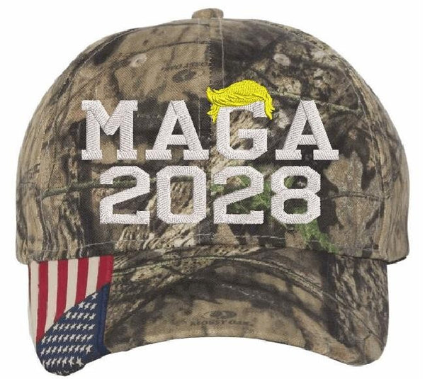 Trump Hat MAGA 2028 Embroidered Mossy Oak Camo Adjustable White/Yellow DOGE Hat