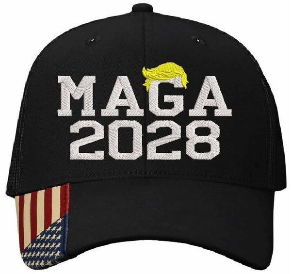 Trump Hat MAGA 2028 Embroidered Black Mesh Back Adjustable Hat w/ USA Flag Brim