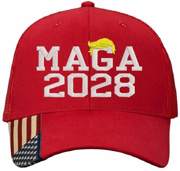 Trump Hat MAGA 2028 Embroidered Red Mesh Back Adjustable Hat w/ USA Flag Brim