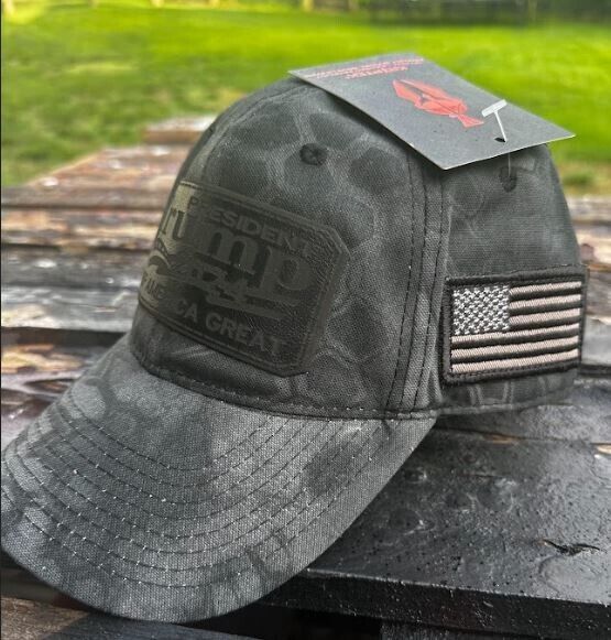 Trump 2024 Hat Blackout Leather Badge Hat w/ Side Flag