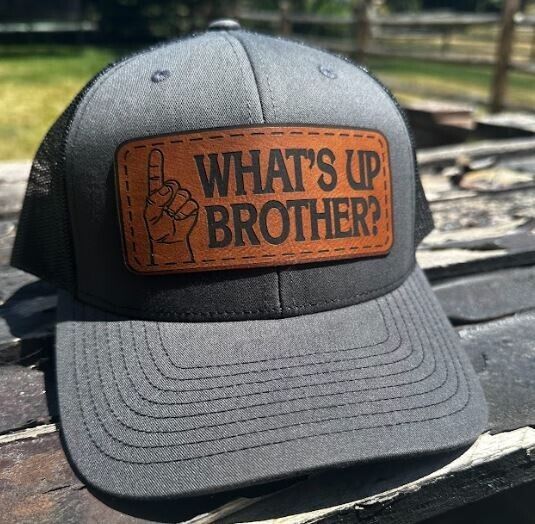 Whats up brother sketch leather badge hat Adjustable Mesh Back Richardson or ODC