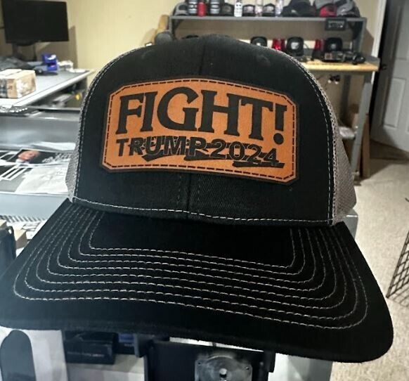 Trump 2024 Bulletproof FIGHT RECTANGLE Black/Charcoal Leather Badge Hat MAGA