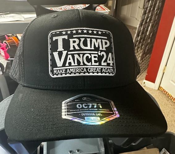 Trump Vance 2024 Silver Leather Badge America First Black Mesh Adjustable Hat