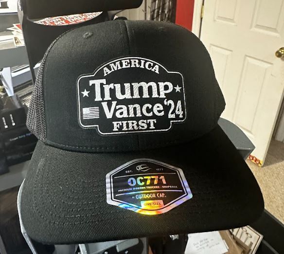 Trump Vance Silver A First Leather Badge America First Black Mesh Adjustable Hat