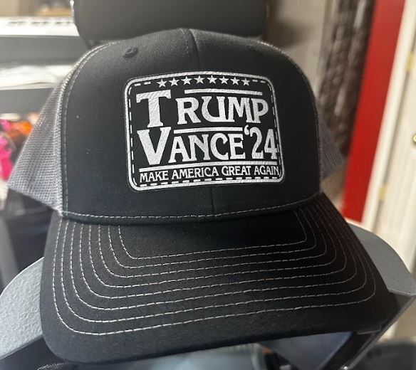 Trump Vance 2024 Silver Leather Badge Hat America First Black/Charcoal Mesh Hat