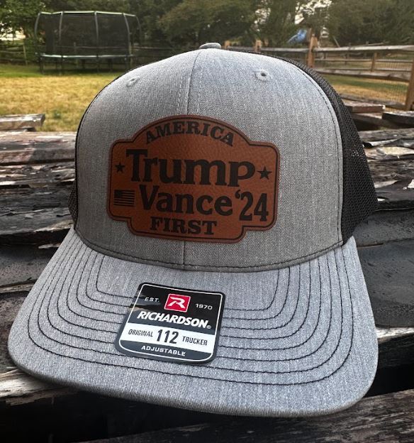 Trump Vance 2024 Leather Badge Hat America First Heather/Black Mesh Back Hat