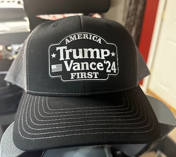 Trump Vance 2024 Silver Leather Badge Hat America 1st Black/Charcoal Mesh Hat