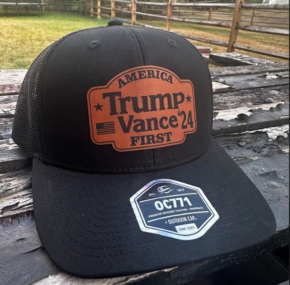 Trump Vance 2024 Leather Badge Hat America First Black Mesh Back Adjustable Hat