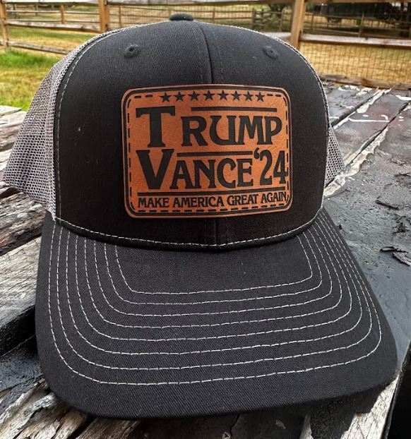 Trump Vance 2024 Leather Badge Hat America First Black/Charcoal Mesh Back Hat