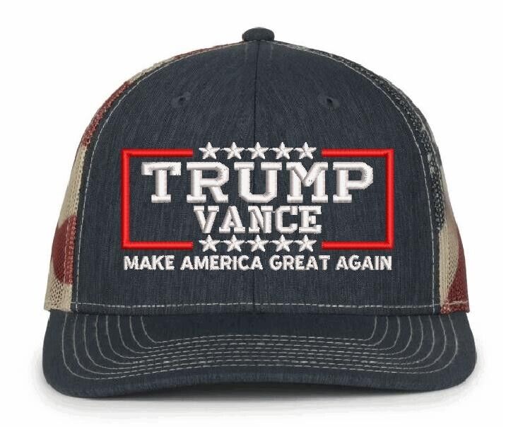 Trump Vance Hat 2024 Embroidered Hat - Outdoor Cap OC771PM USA Navy Tan Adj. Hat