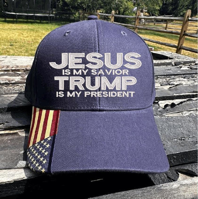 Jesus is my savior Trump is my President Hat - USA300 Flag Brim or Flex Fit MAGA