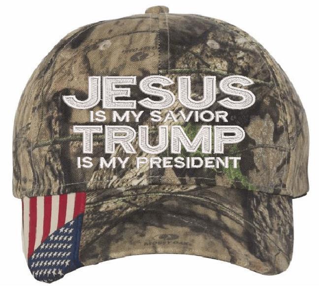 Jesus is my savior Trump is my President Hat - USA300 Flag Brim or Flex Fit MAGA