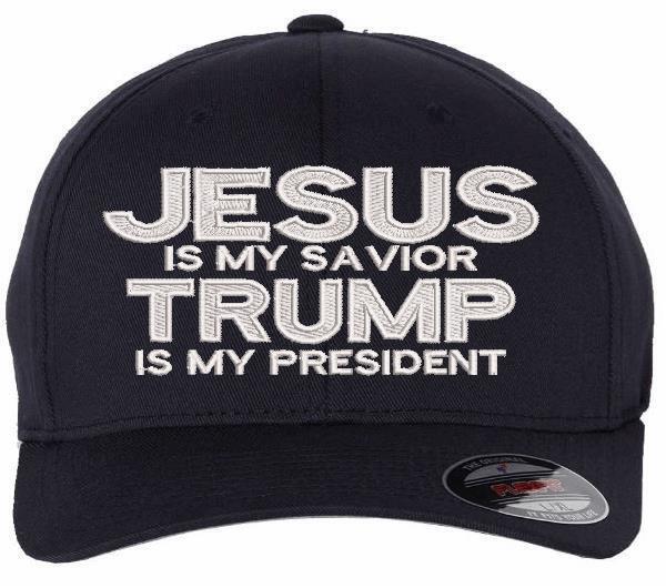 Jesus is my savior Trump is my President Hat - USA300 Flag Brim or Flex Fit MAGA