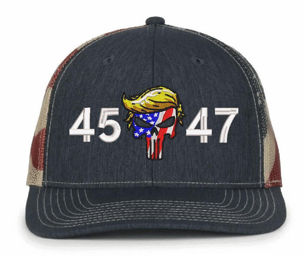 Trump Vance Hat 45 47 Skull Embroidered Old Glory Adjustable MAGA Hat