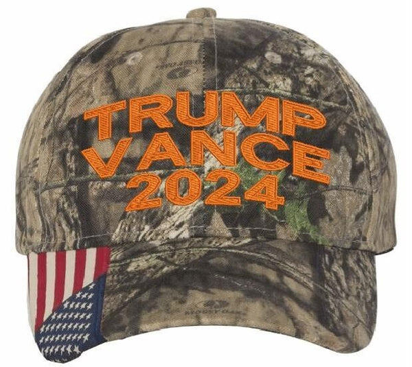 Trump Vance 2024 Embroidered Hat Mossy Oak CWF305 Adjustable Hat ORANGE TEXT