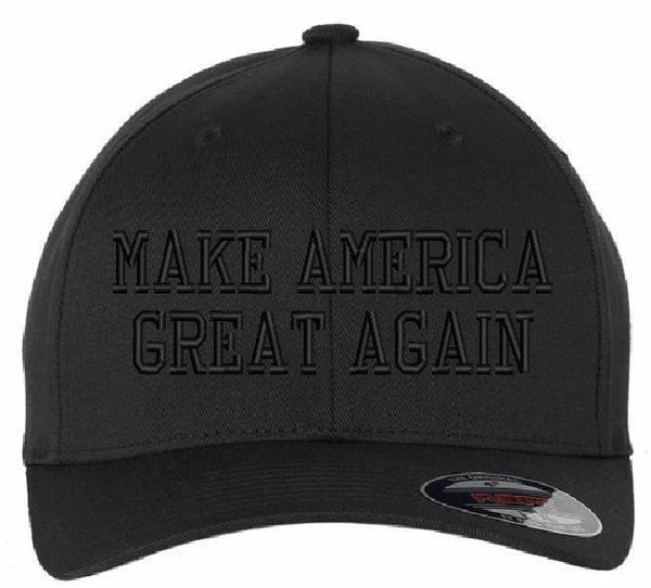 MAGA Make Great Again Blackout Embroidered Flex fit or Adjustable Hat and BLACK Back USA Flag