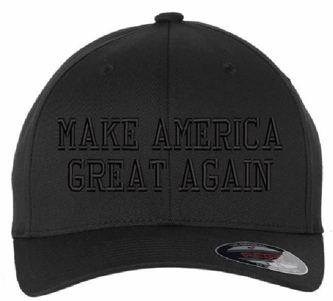 MAGA Make Great Again Blackout Embroidered Flex fit or Adjustable Hat with BLACK Back USA Flag