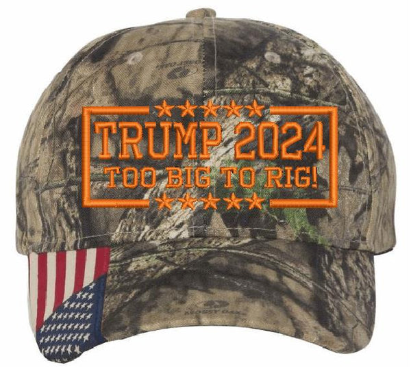 Too Big To Rig Trump 2024 Hat Embroidered Mossy Oak w/ Orange Embroidery MAGA