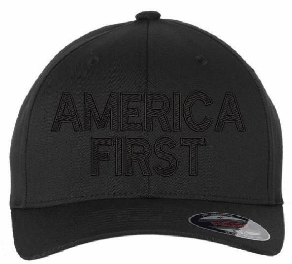 America First Trump 2024 MAGA Flex fit or Adjustable Blackout Hat BACK USA FLAG