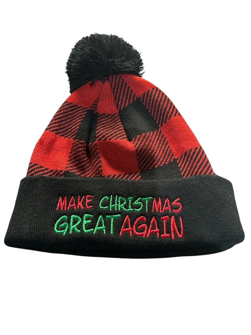 Trump 2024 Hat Make Christmas Great Again Buffalo Plaid Winter Hat with Pom Pom