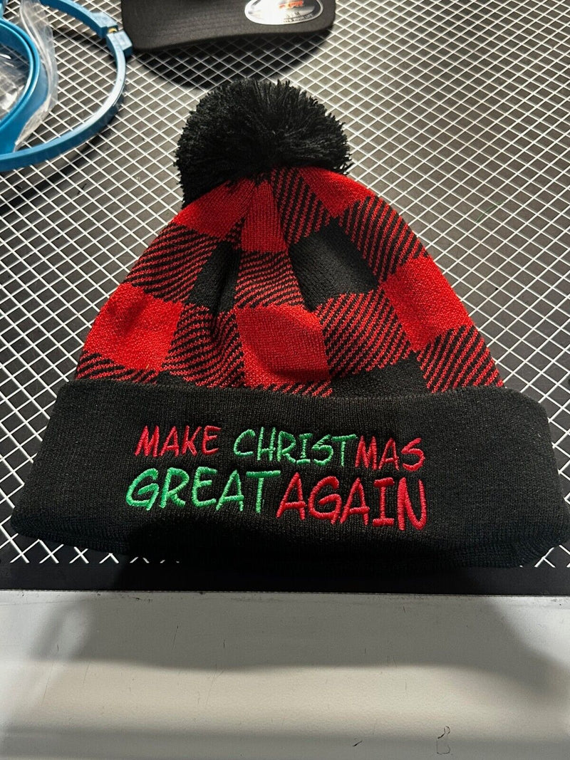 Trump 2024 Hat Make Christmas Great Again Buffalo Plaid Winter Hat with Pom Pom