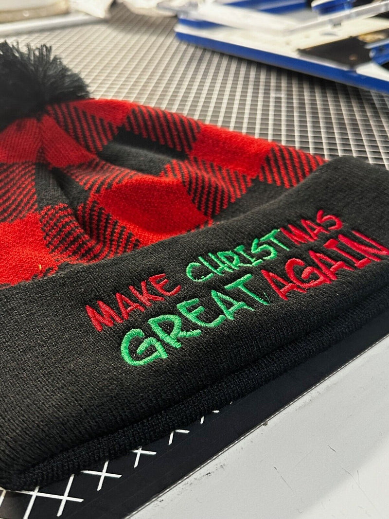 Trump 2024 Hat Make Christmas Great Again Buffalo Plaid Winter Hat with Pom Pom