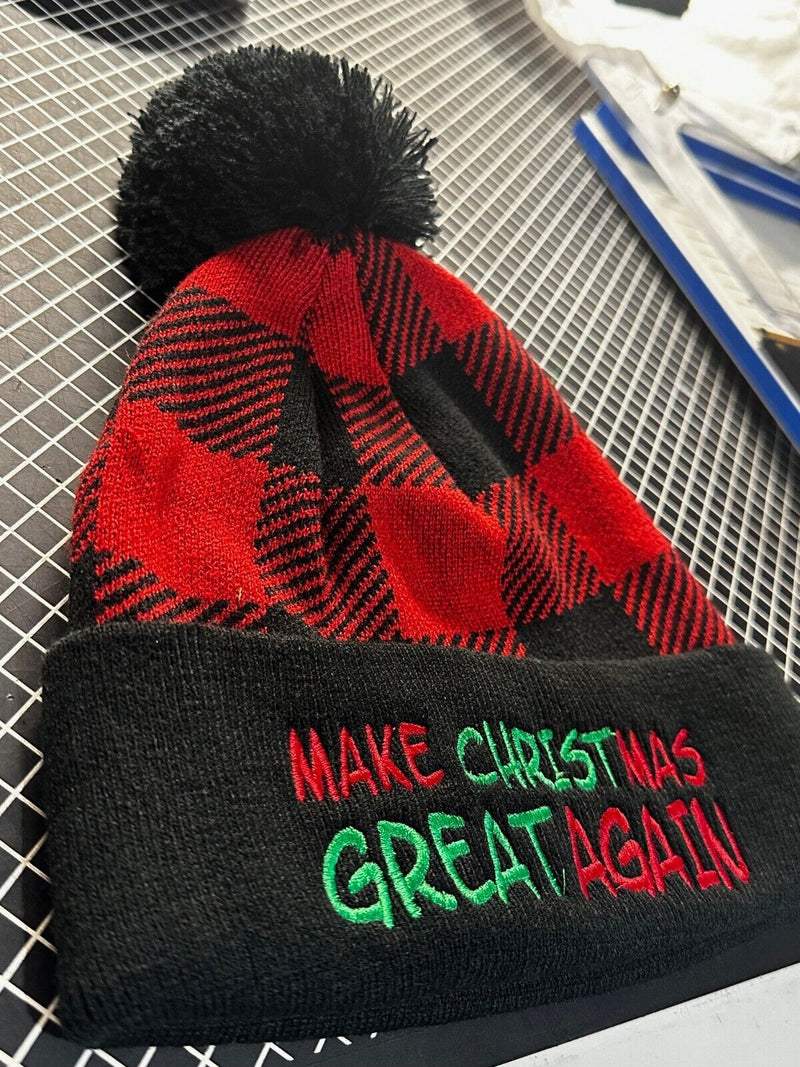 Trump 2024 Hat Make Christmas Great Again Buffalo Plaid Winter Hat with Pom Pom