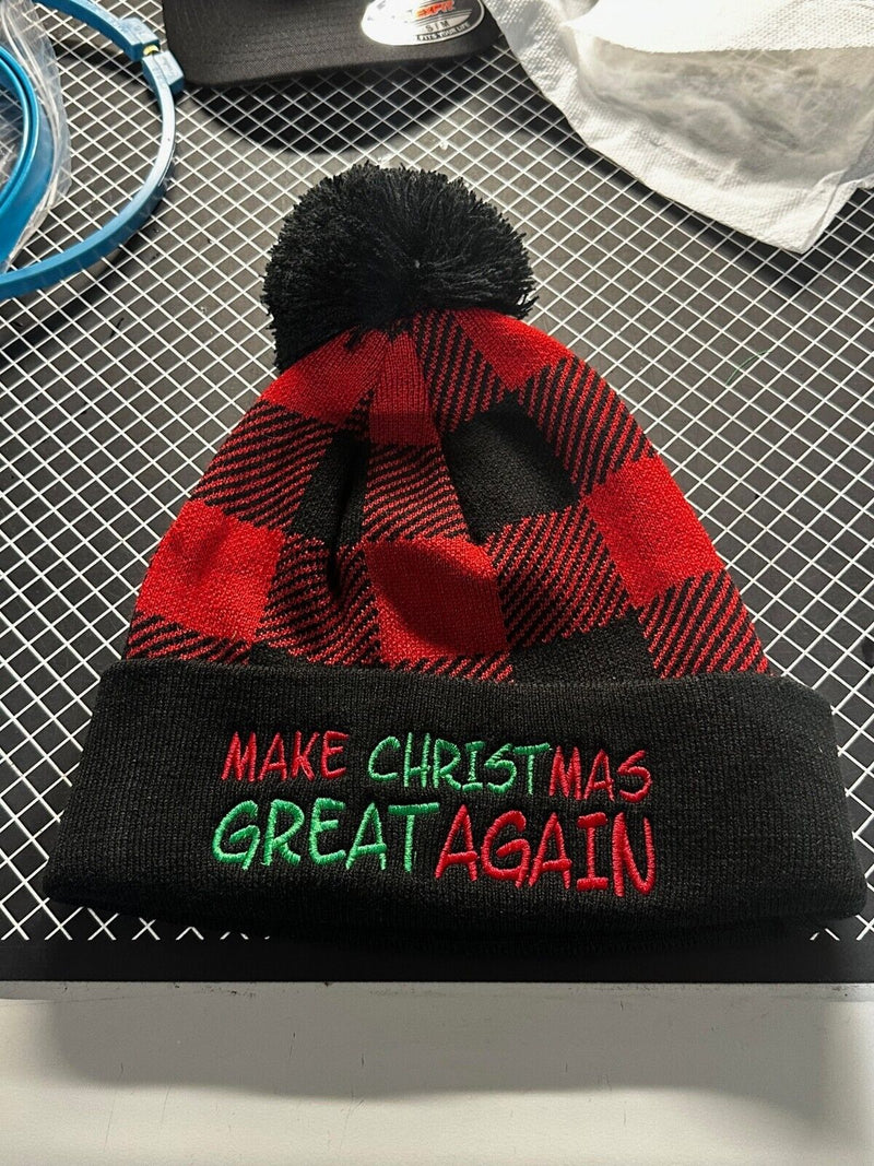 Trump 2024 Hat Make Christmas Great Again Buffalo Plaid Winter Hat with Pom Pom