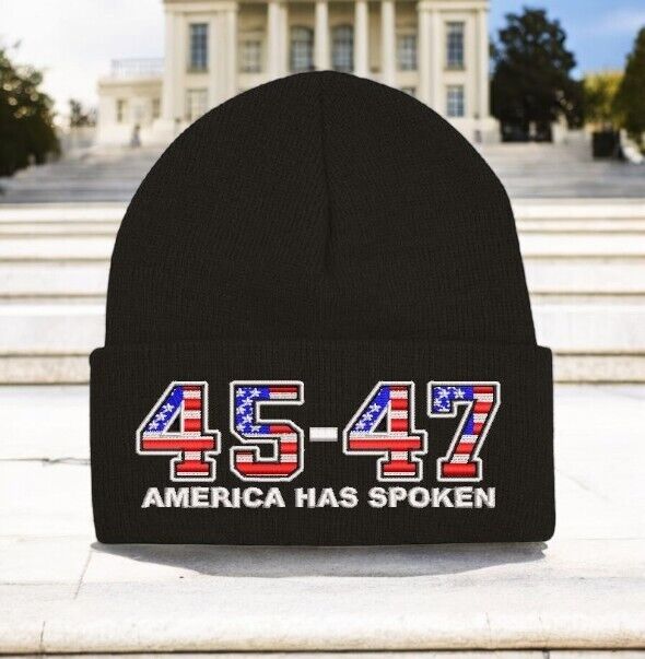 Trump 2024 Hat 45-47 America Has Spoken Black Winter Hat - Black Cuff Beanie