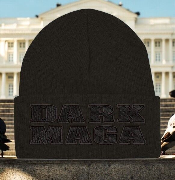 Trump 2024 DARK MAGA CHEVRON STYLE BLACKOUT Black Winter Hat - Black Cuff Beanie