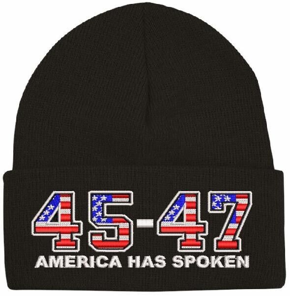 Trump 2024 Hat 45-47 America Has Spoken Black Winter Hat - Black Cuff Beanie