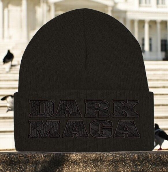 Trump 2024 DARK MAGA CHEVRON STYLE BLACKOUT Black Winter Hat - Black Cuff Beanie