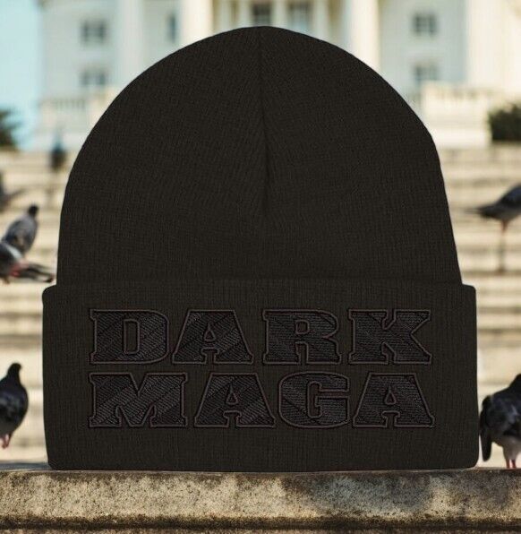 Trump 2024 DARK MAGA CHEVRON STYLE BLACKOUT Black Winter Hat - Black Cuff Beanie