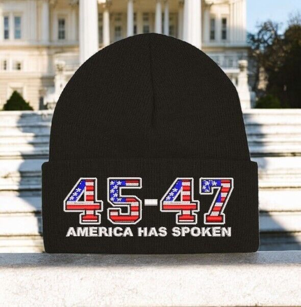 Trump 2024 Hat 45-47 America Has Spoken Black Winter Hat - Black Cuff Beanie