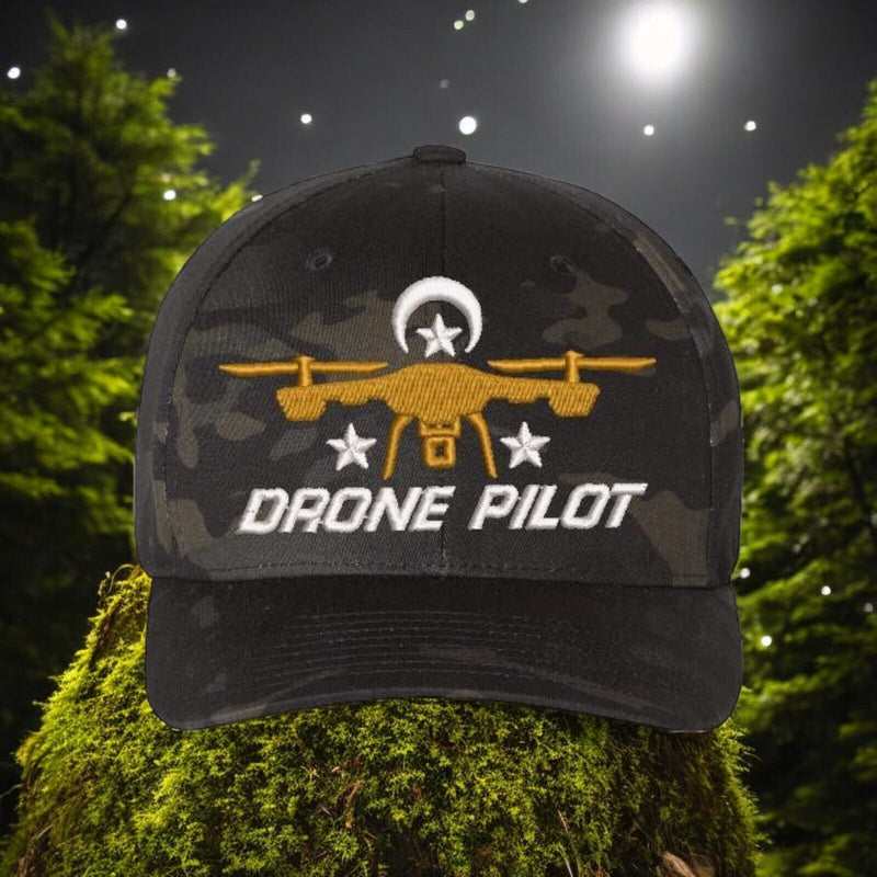 Drone Operator Hat  Drone Pilot Embroidered Flex Fit Black Multicam Drone Hat