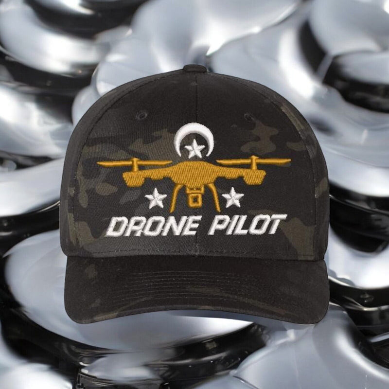 Drone Operator Hat  Drone Pilot Embroidered Flex Fit Black Multicam Drone Hat