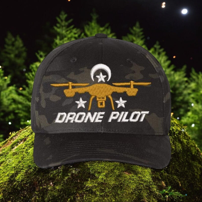 Drone Operator Hat  Drone Pilot Embroidered Flex Fit Black Multicam Drone Hat