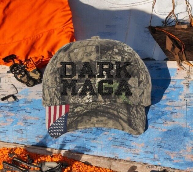 Trump Hat - Dark MAGA Mossy Oak Adjustable Hat with USA Flag Brim Trump 2024