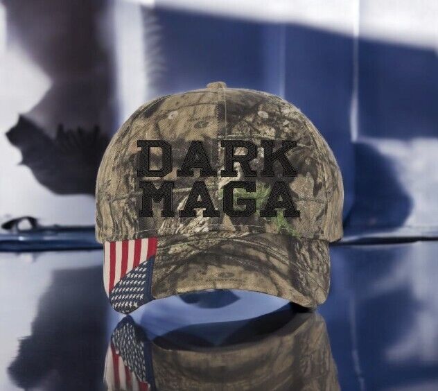 Trump Hat - Dark MAGA Mossy Oak Adjustable Hat with USA Flag Brim Trump 2024