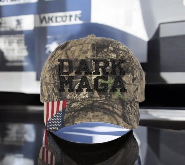 Trump Hat - Dark MAGA Mossy Oak Adjustable Hat with USA Flag Brim Trump 2024