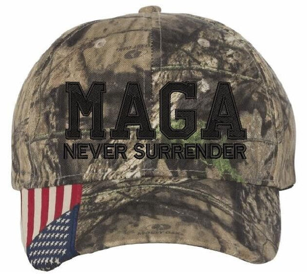 Trump 2024 hat MAGA Never Surrender Mossy Oak Adjustable hat with Flag Brim MAGA