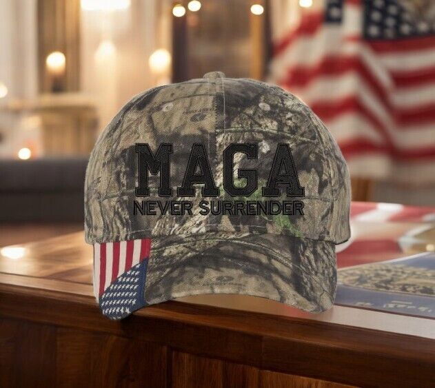 Trump 2024 hat MAGA Never Surrender Mossy Oak Adjustable hat with Flag Brim MAGA