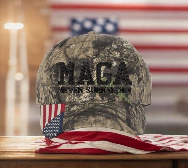 Trump 2024 hat MAGA Never Surrender Mossy Oak Adjustable hat with Flag Brim MAGA