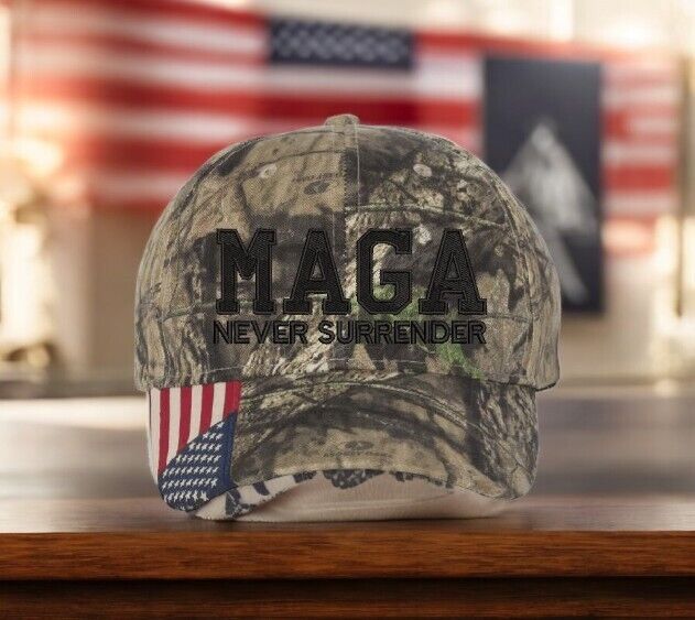 Trump 2024 hat MAGA Never Surrender Mossy Oak Adjustable hat with Flag Brim MAGA