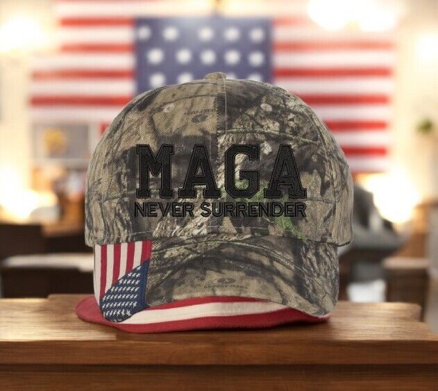 Trump 2024 hat MAGA Never Surrender Mossy Oak Adjustable hat with Flag Brim MAGA