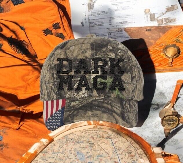 Trump Hat - Dark MAGA Mossy Oak Adjustable Hat with USA Flag Brim Trump 2024