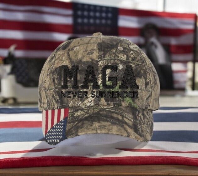 Trump 2024 hat MAGA Never Surrender Mossy Oak Adjustable hat with Flag Brim MAGA