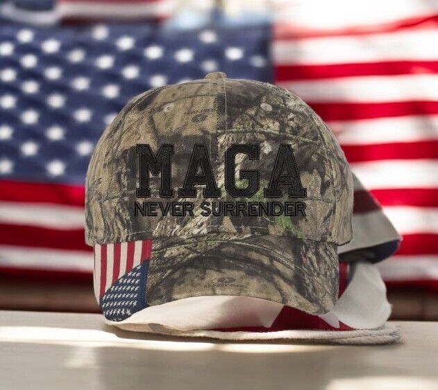 Trump 2024 hat MAGA Never Surrender Mossy Oak Adjustable hat with Flag Brim MAGA