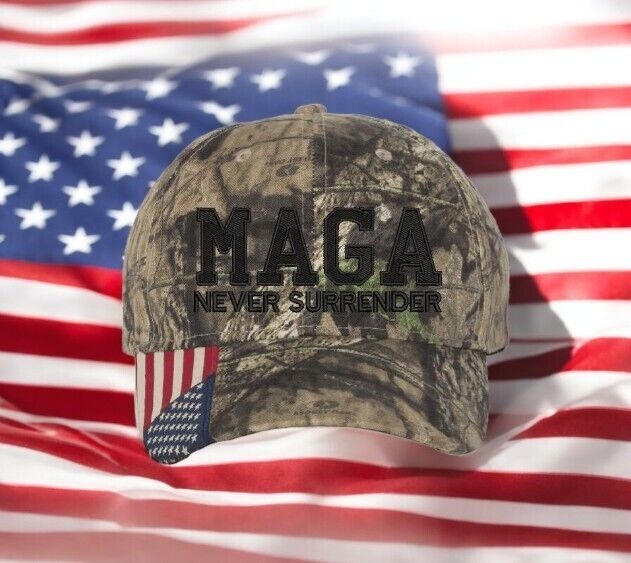 Trump 2024 hat MAGA Never Surrender Mossy Oak Adjustable hat with Flag Brim MAGA