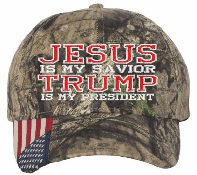 Jesus is my savior Trump is my President Trump Hat - Mossy Oak Camo w/ USA Flag